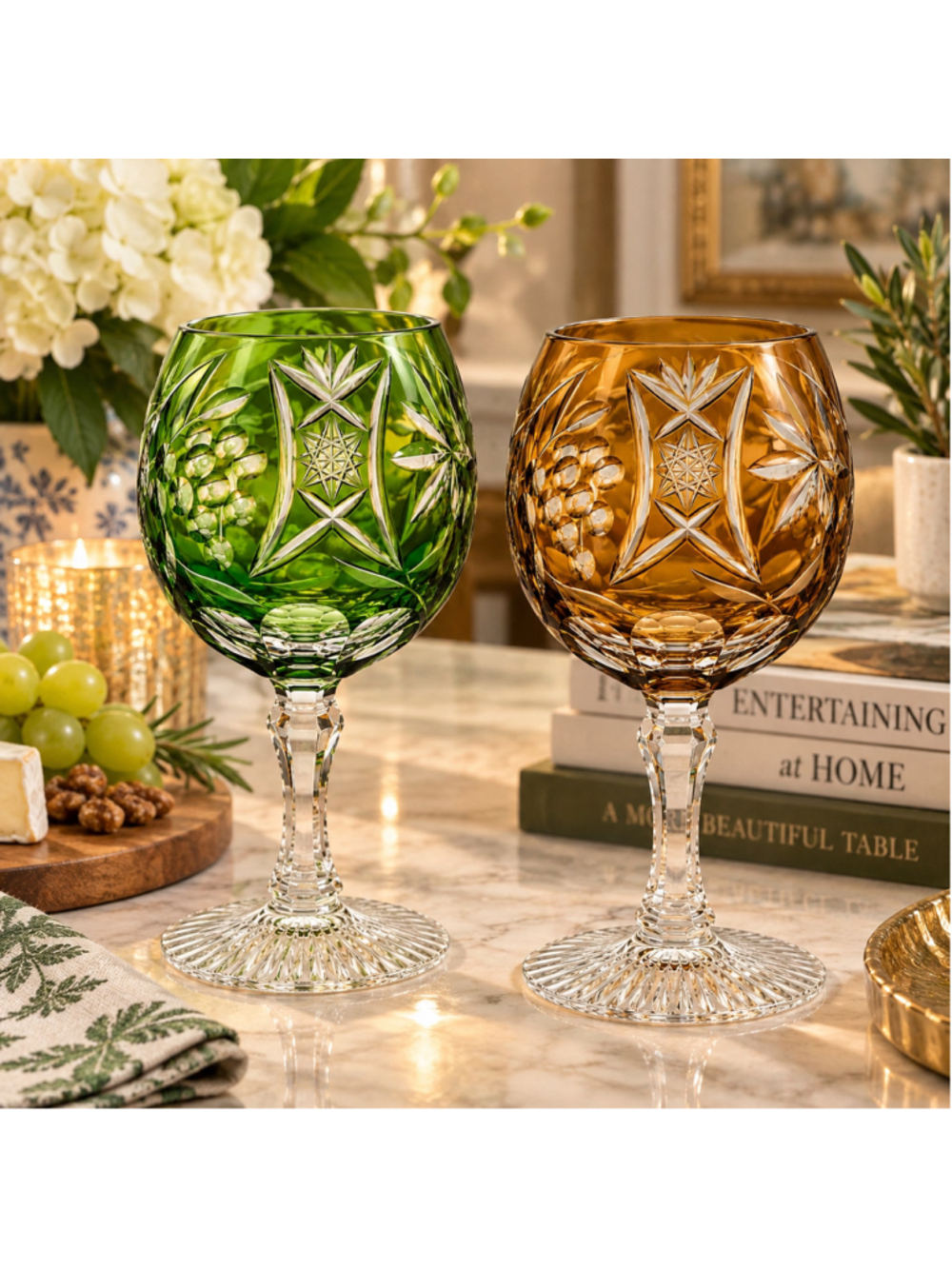 Vintage Cut Crystal Wine Goblets Green Amber Etched Floral Star Set of 2